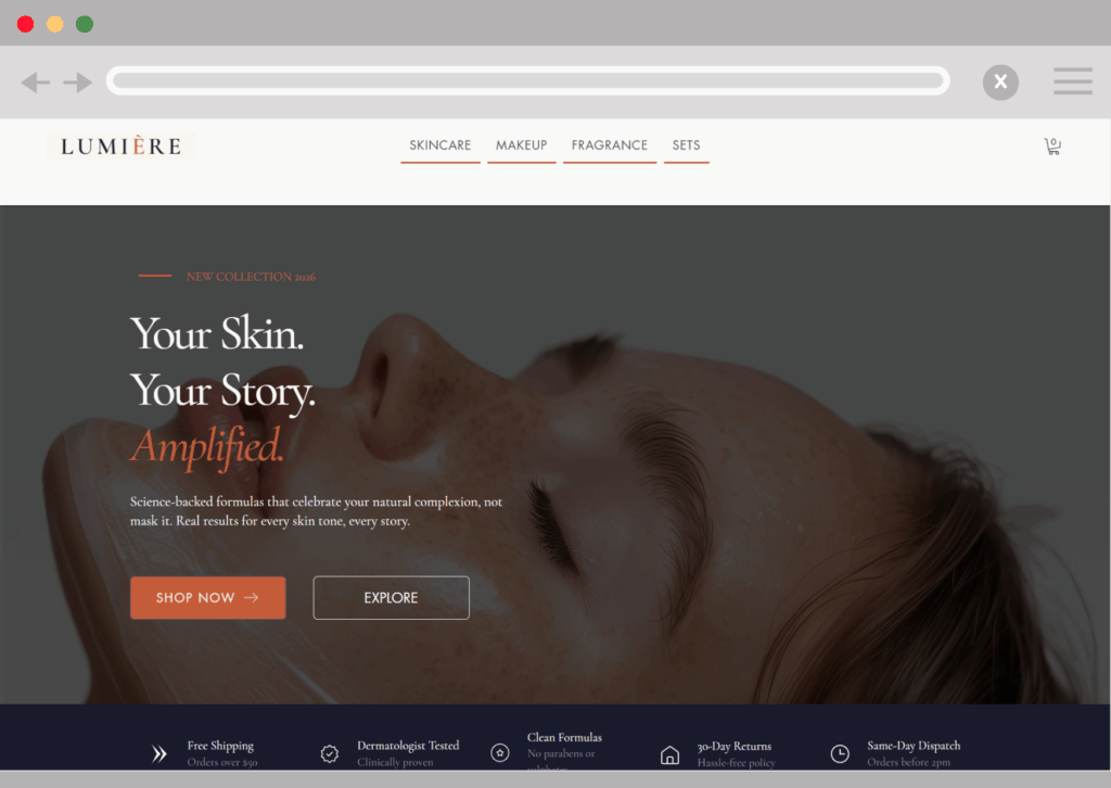 A beauty and skincare hero website view